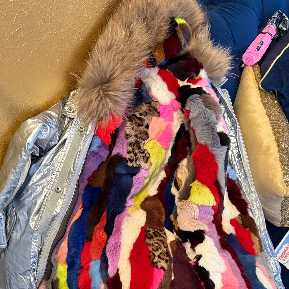 SHOW STOPPING Metallic Silver Parka  w/ soft colorful rabbit Fur Kids Jacket